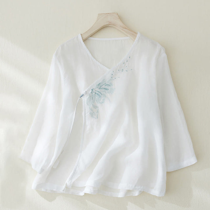 Camisa de lino y algodón con mangas tres cuartos y diseño de plantas bordadas para mujer con Buddha Stones - Blanco - US8-10，UK/AU12-14，EU40-42 (2XL) - image 8