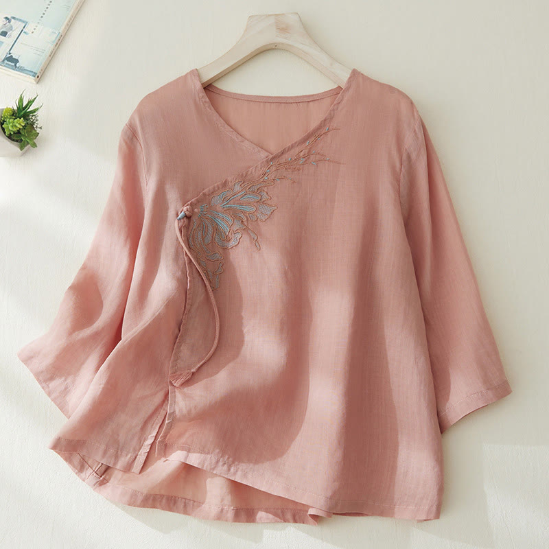 Camisa de lino y algodón con mangas tres cuartos y diseño de plantas bordadas para mujer con Buddha Stones - MistyRose - US8-10，UK/AU12-14，EU40-42 (2XL) - image 1