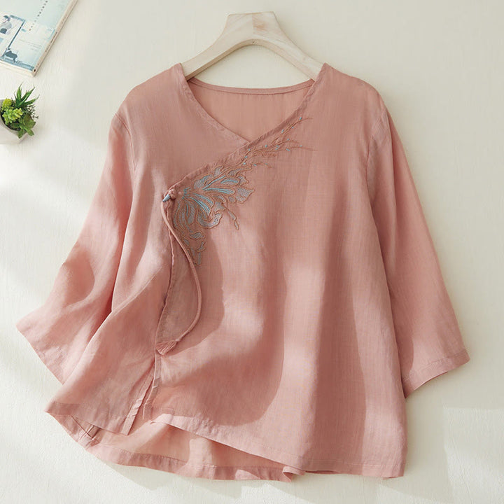 Camisa de lino y algodón con mangas tres cuartos y diseño de plantas bordadas para mujer con Buddha Stones - MistyRose - US8-10，UK/AU12-14，EU40-42 (2XL) - image 1