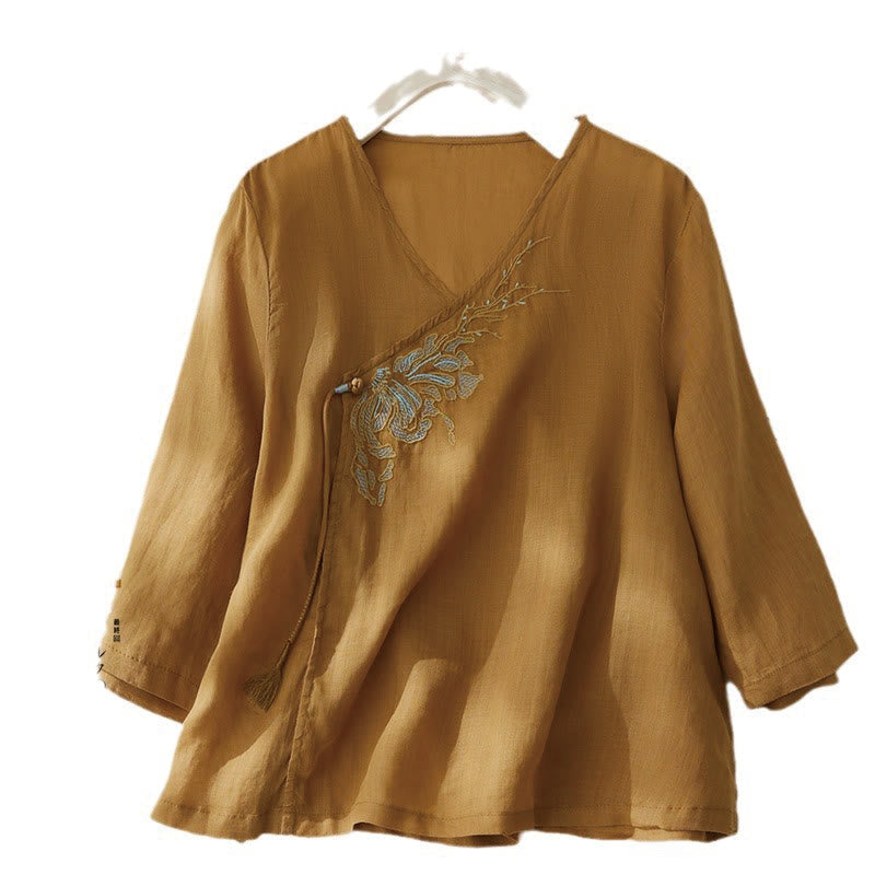 Camisa de lino y algodón con mangas tres cuartos y diseño de plantas bordadas para mujer con Buddha Stones - Naranja - US8-10，UK/AU12-14，EU40-42 (2XL) - image 14