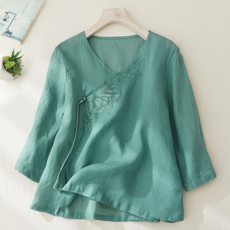 Camisa de lino y algodón con mangas tres cuartos y diseño de plantas bordadas para mujer con Buddha Stones - Verde mar claro - US8-10，UK/AU12-14，EU40-42 (2XL) - image 21