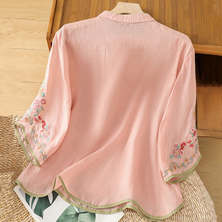 Camisa de lino y algodón con mangas tres cuartos y cuello alto con diseño de flores bordadas para mujer con Buddha Stones - image 3