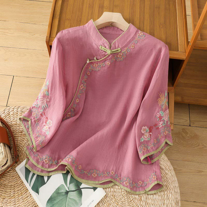 Camisa de lino y algodón con mangas tres cuartos y cuello alto con diseño de flores bordadas para mujer con Buddha Stones - Rojo violeta pálido - US8-10，UK/AU12-14，EU40-42 (2XL) - image 15