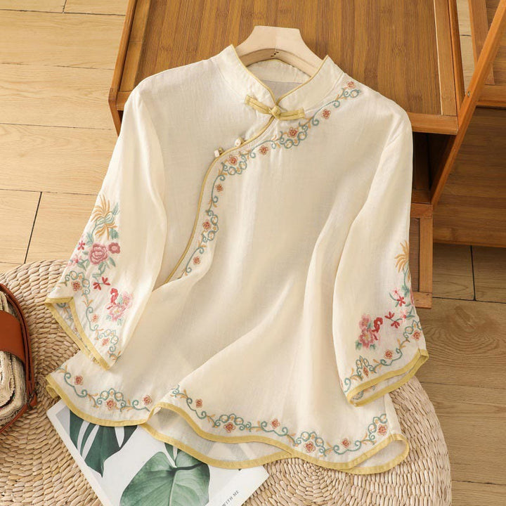 Camisa de lino y algodón con mangas tres cuartos y cuello alto con diseño de flores bordadas para mujer con Buddha Stones - Old Lace - US8-10，UK/AU12-14，EU40-42 (2XL) - image 0