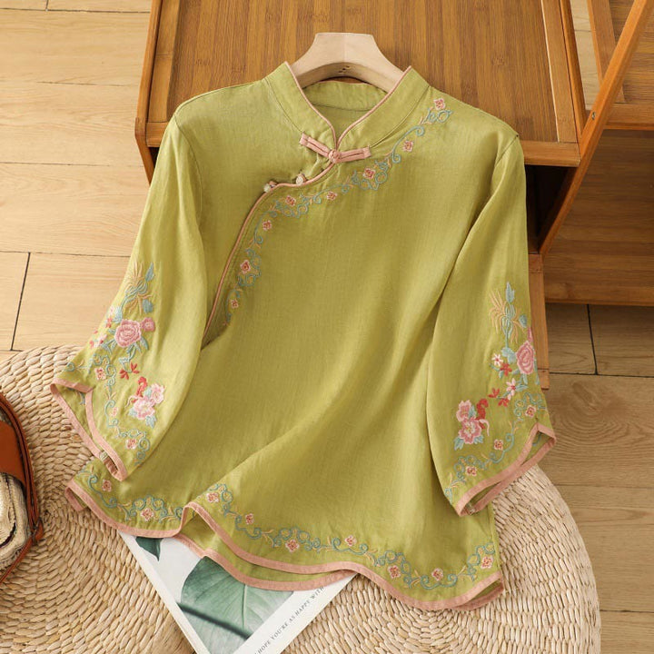 Camisa de lino y algodón con mangas tres cuartos y cuello alto con diseño de flores bordadas para mujer con Buddha Stones - Verde amarillento - US8-10，UK/AU12-14，EU40-42 (2XL) - image 8