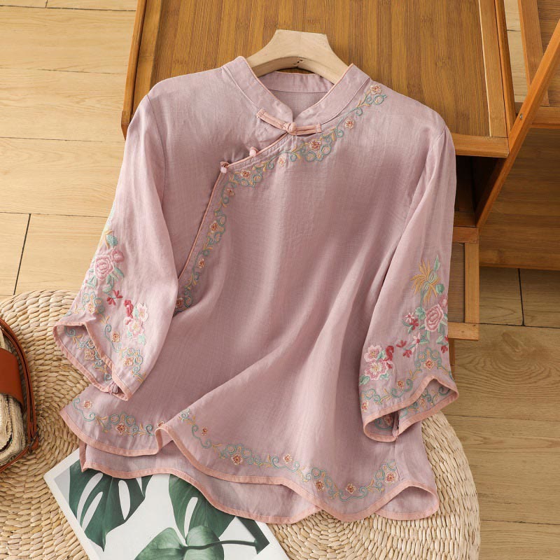 Camisa de lino y algodón con mangas tres cuartos y cuello alto con diseño de flores bordadas para mujer con Buddha Stones - Marrón rosado - US8-10，UK/AU12-14，EU40-42 (2XL) - image 5