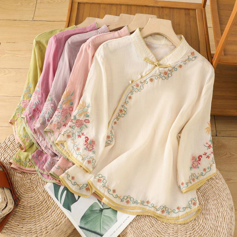 Camisa de lino y algodón con mangas tres cuartos y cuello alto con diseño de flores bordadas para mujer con Buddha Stones - image 18