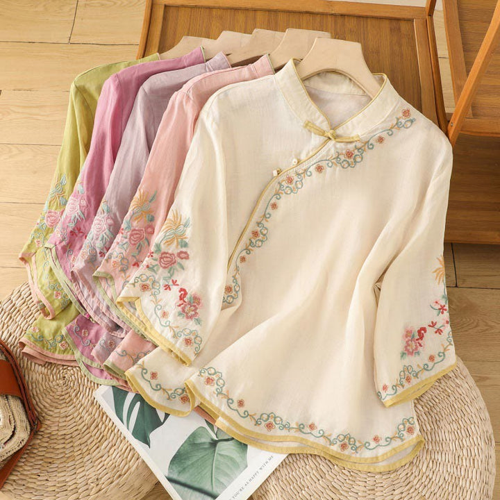 Camisa de lino y algodón con mangas tres cuartos y cuello alto con diseño de flores bordadas para mujer con Buddha Stones - image 18