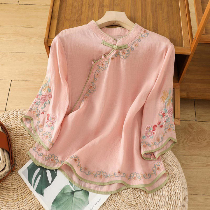 Camisa de lino y algodón con mangas tres cuartos y cuello alto con diseño de flores bordadas para mujer con Buddha Stones - Rosa Misty - US8-10，UK/AU12-14，EU40-42 (2XL) - image 2