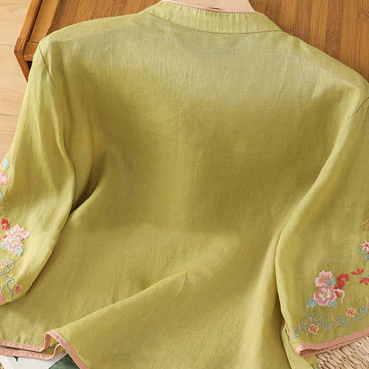 Camisa de lino y algodón con mangas tres cuartos y cuello alto con diseño de flores bordadas para mujer con Buddha Stones - image 10