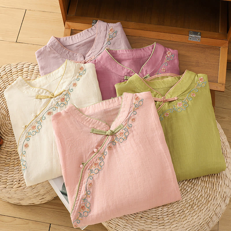 Camisa de lino y algodón con mangas tres cuartos y cuello alto con diseño de flores bordadas para mujer con Buddha Stones - image 19