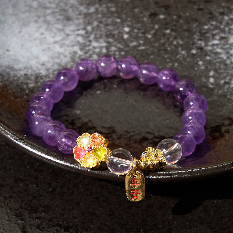 Pulsera con dijes de amatista natural y flor de cristal blanco con Buddha Stones para sanar y estar sano - image 1