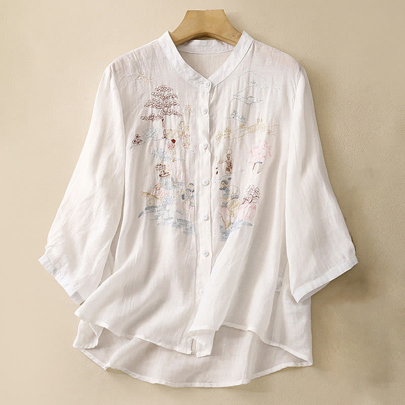 Camisa de lino y algodón para mujer con diseño informal de plantas bordadas y cuello alto, manga tres cuartos, con Buddha Stones