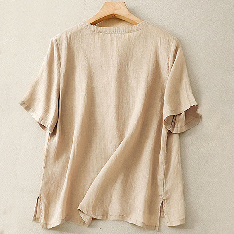 Camisa de lino y algodón de media manga holgada con diseño de escote en V y flores bordadas para mujer con Buddha Stones