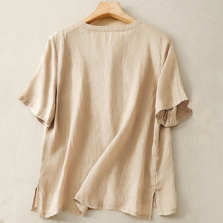 Camisa de lino y algodón de media manga holgada con diseño de escote en V y flores bordadas para mujer con Buddha Stones
