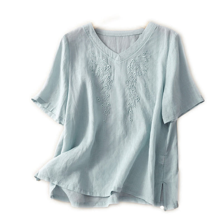 Camisa de lino y algodón de media manga holgada con diseño de escote en V y flores bordadas para mujer con Buddha Stones