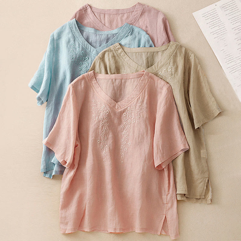 Camisa de lino y algodón de media manga holgada con diseño de escote en V y flores bordadas para mujer con Buddha Stones