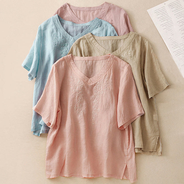 Camisa de lino y algodón de media manga holgada con diseño de escote en V y flores bordadas para mujer con Buddha Stones