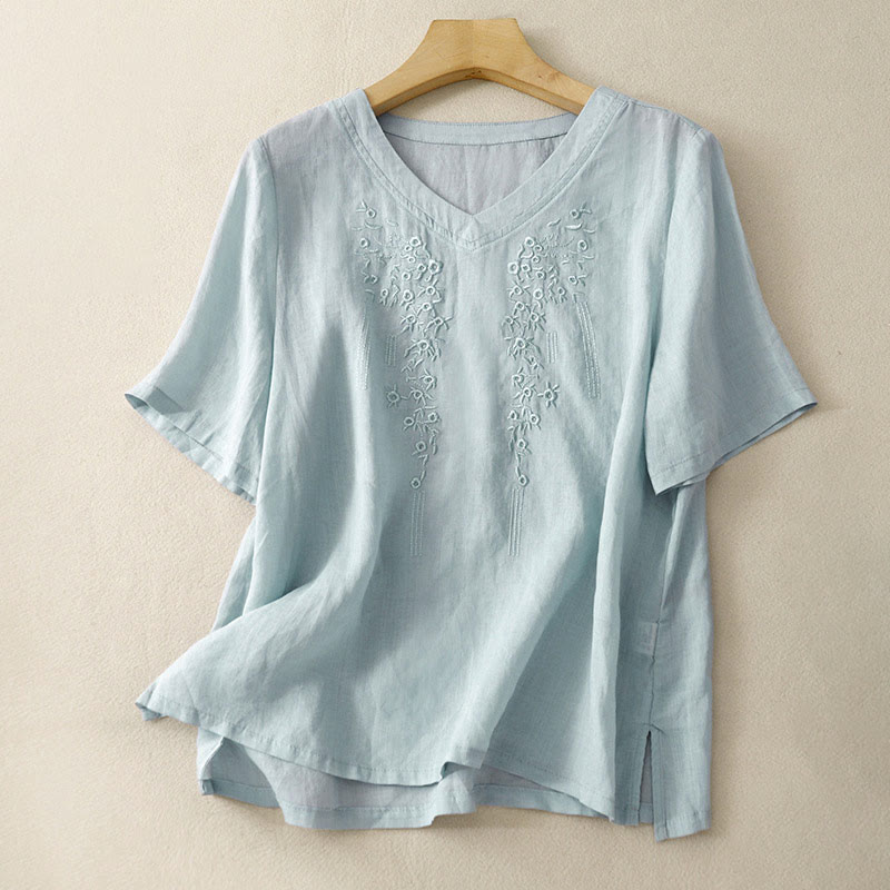 Camisa de lino y algodón de media manga holgada con diseño de escote en V y flores bordadas para mujer con Buddha Stones
