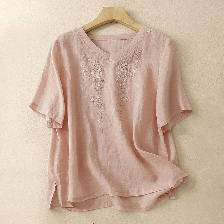 Camisa de lino y algodón de media manga holgada con diseño de escote en V y flores bordadas para mujer con Buddha Stones