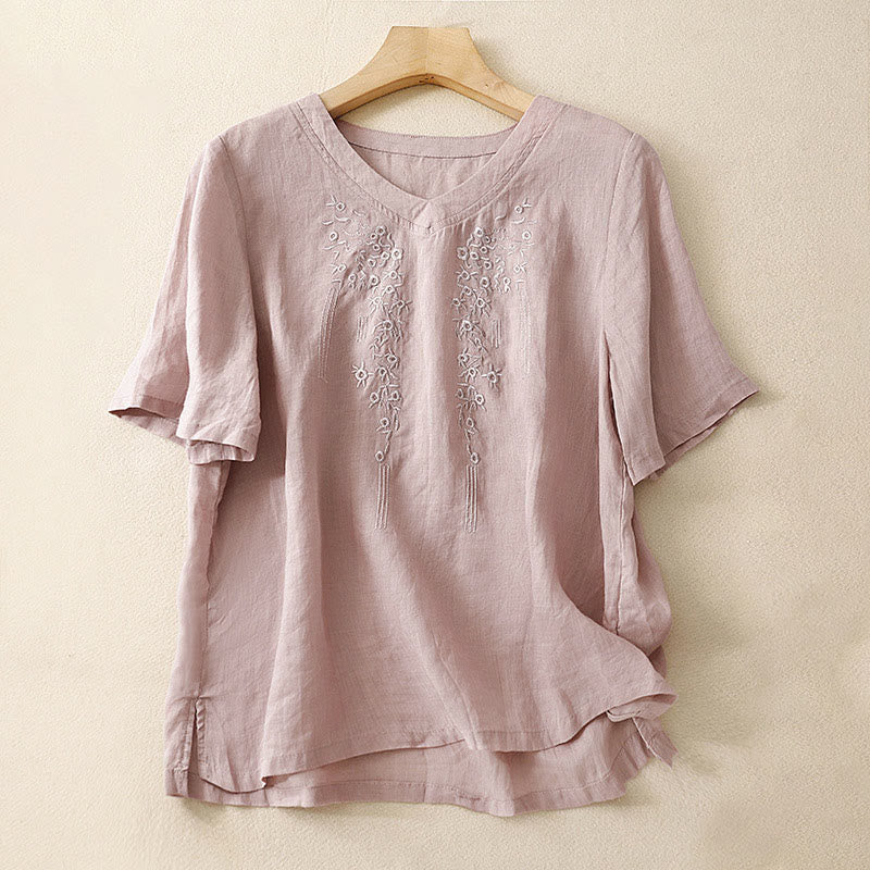 Camisa de lino y algodón de media manga holgada con diseño de escote en V y flores bordadas para mujer con Buddha Stones