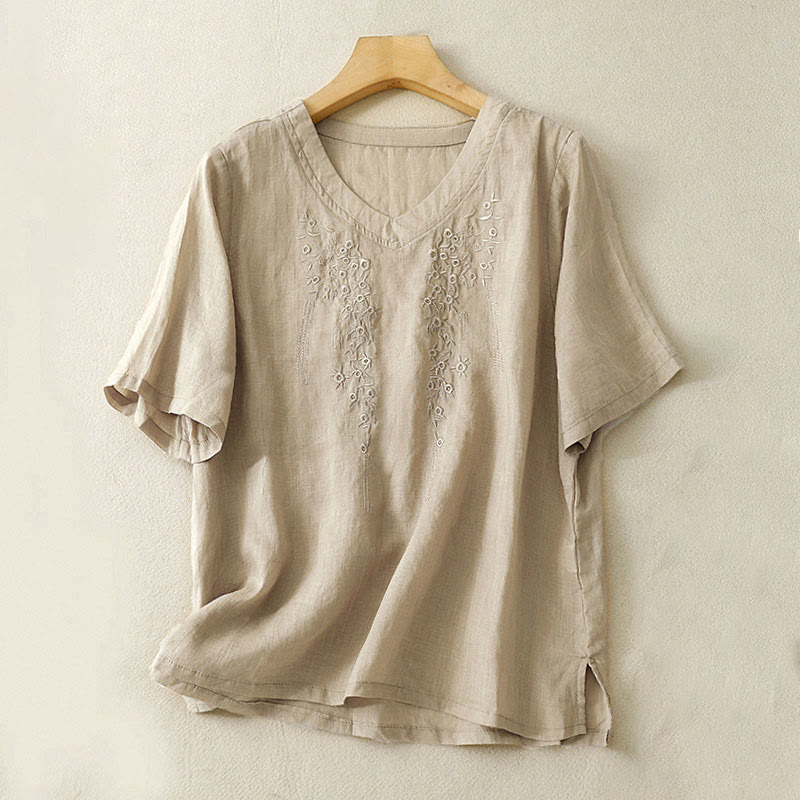 Camisa de lino y algodón de media manga holgada con diseño de escote en V y flores bordadas para mujer con Buddha Stones