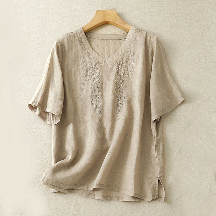 Camisa de lino y algodón de media manga holgada con diseño de escote en V y flores bordadas para mujer con Buddha Stones