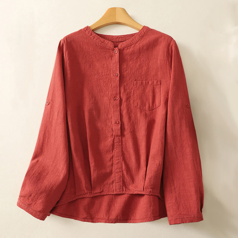 Camisa de lino y algodón lisa con diseño de manga larga y cuello alto holgado informal para mujer con Buddha Stones - Ladrillo refractario - US8-10，UK/AU12-14，EU40-42 (2XL) - image 0