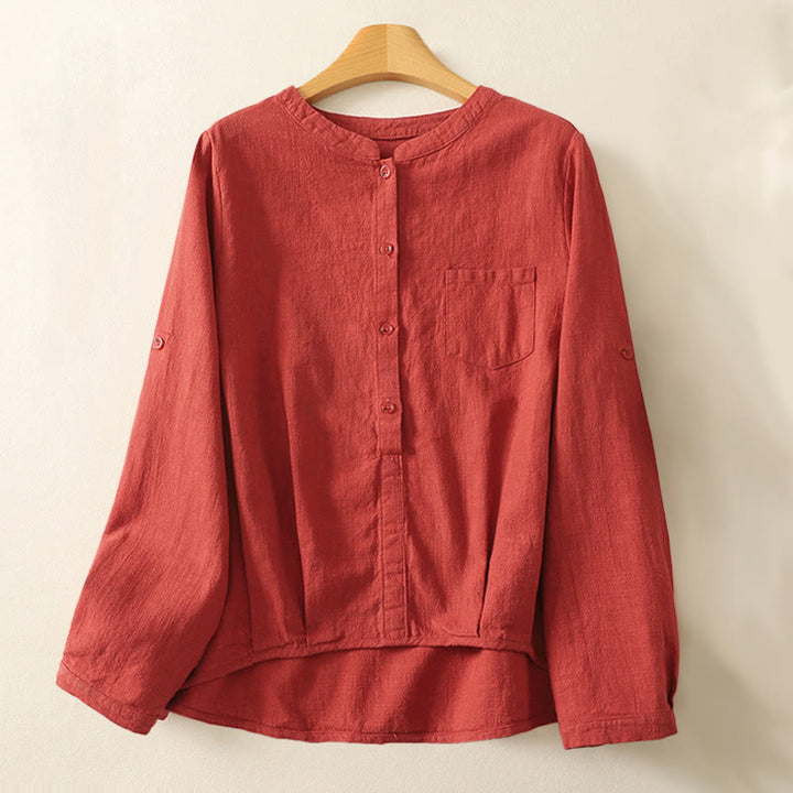 Camisa de lino y algodón lisa con diseño de manga larga y cuello alto holgado informal para mujer con Buddha Stones - Ladrillo refractario - US8-10，UK/AU12-14，EU40-42 (2XL) - image 0