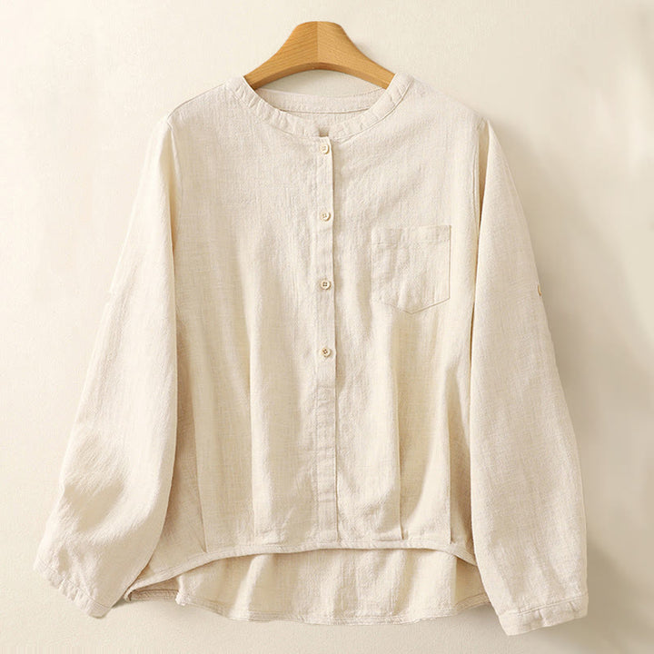 Camisa de lino y algodón lisa con diseño de manga larga y cuello alto holgado informal para mujer con Buddha Stones - Lino - US8-10，UK/AU12-14，EU40-42 (2XL) - image 4