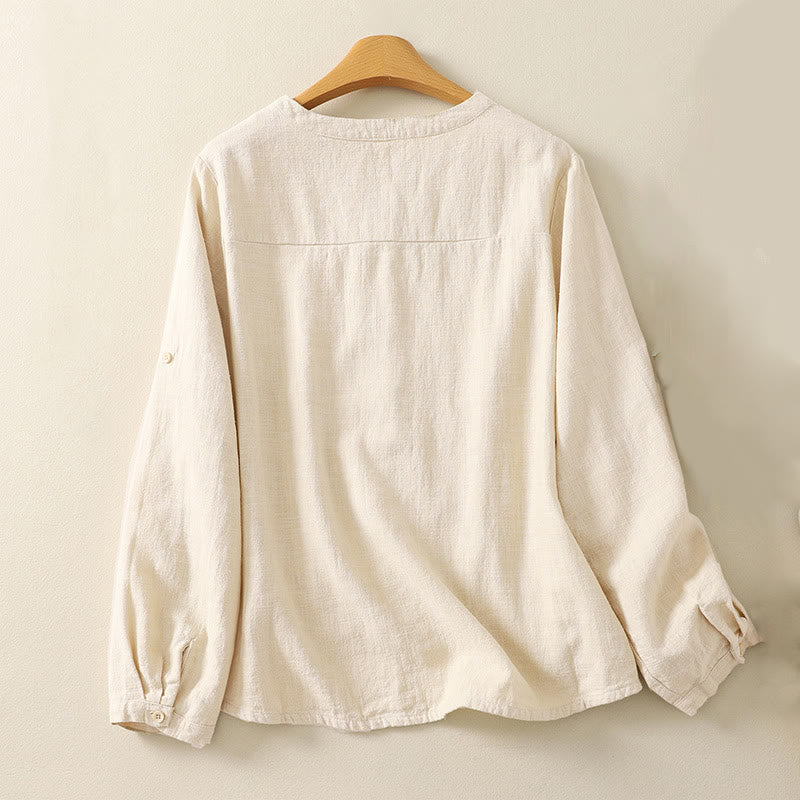 Camisa de lino y algodón lisa con diseño de manga larga y cuello alto holgado informal para mujer con Buddha Stones - image 5