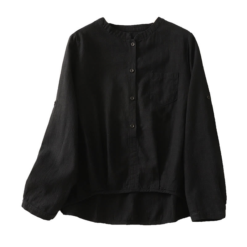 Camisa de lino y algodón lisa con diseño de manga larga y cuello alto holgado informal para mujer con Buddha Stones - image 13