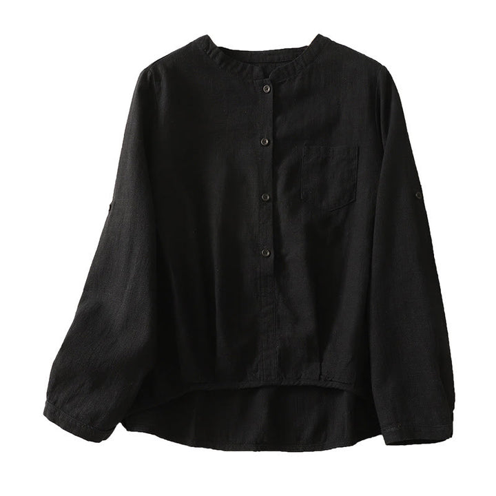 Camisa de lino y algodón lisa con diseño de manga larga y cuello alto holgado informal para mujer con Buddha Stones - image 13