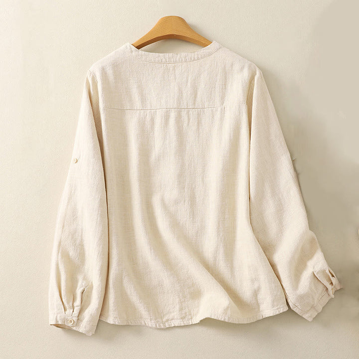 Camisa de lino y algodón lisa con diseño de manga larga y cuello alto holgado informal para mujer con Buddha Stones - image 5