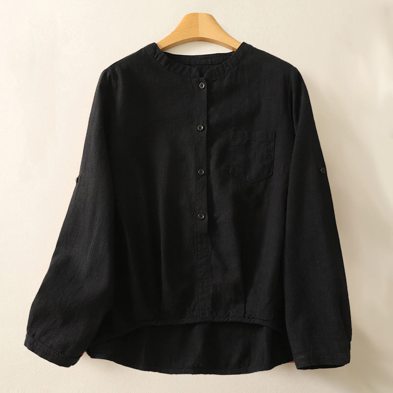 Camisa de lino y algodón lisa con diseño de manga larga y cuello alto holgado informal para mujer con Buddha Stones - Negro - US8-10，UK/AU12-14，EU40-42 (2XL) - image 12