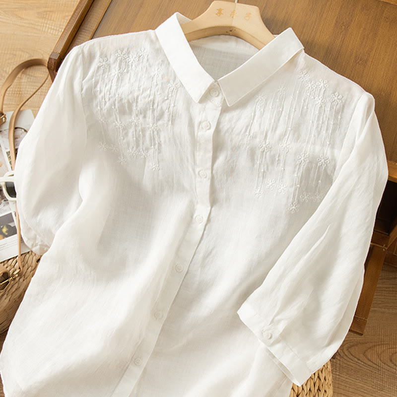 Camisa de lino y algodón con cuello alto y media manga para mujer, informal, con bordado de Buddha Stones