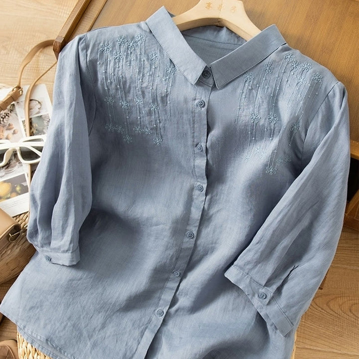 Camisa de lino y algodón con cuello alto y media manga para mujer, informal, con bordado de Buddha Stones