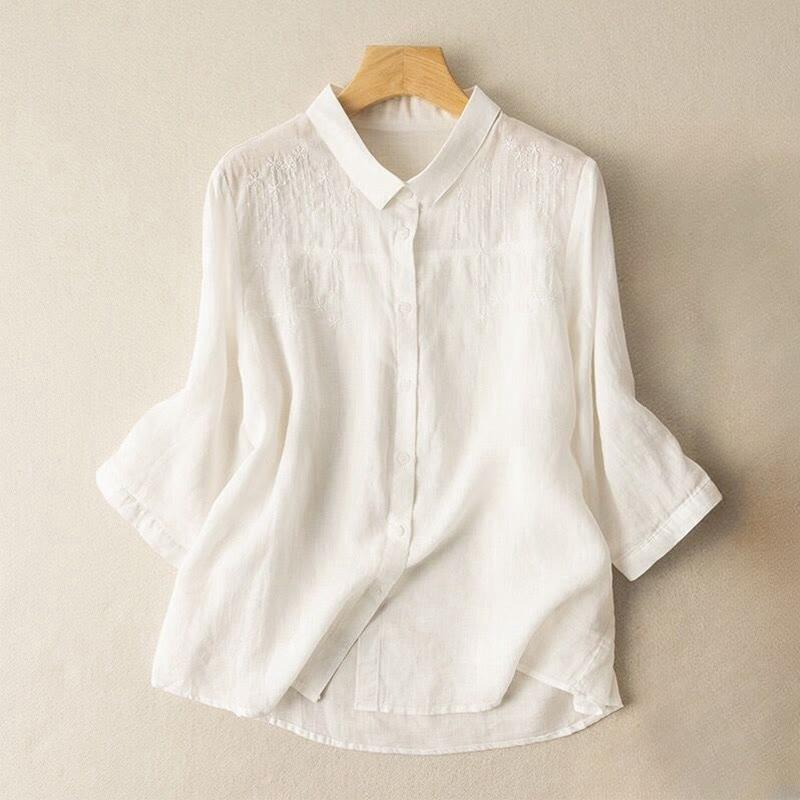Camisa de lino y algodón con cuello alto y media manga para mujer, informal, con bordado de Buddha Stones