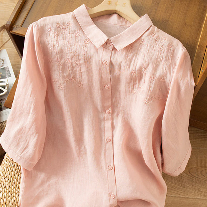 Camisa de lino y algodón con cuello alto y media manga para mujer, informal, con bordado de Buddha Stones - Rosa - US8-10，UK/AU12-14，EU40-42 (2XL) - image 14