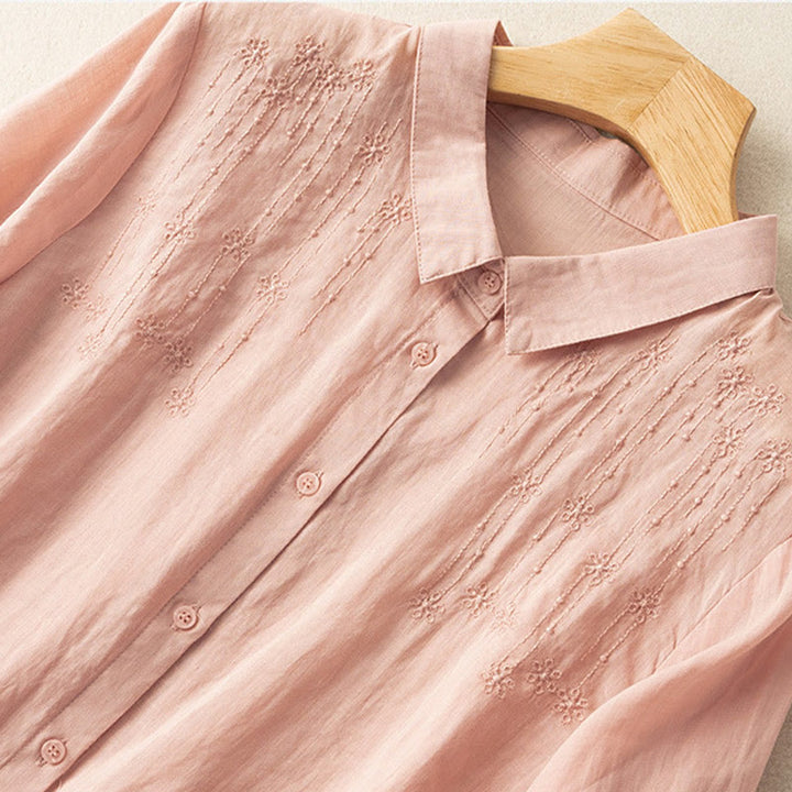 Camisa casual de manga corta con cuello alto y bordado de Buddha Stones para mujer. - image 16