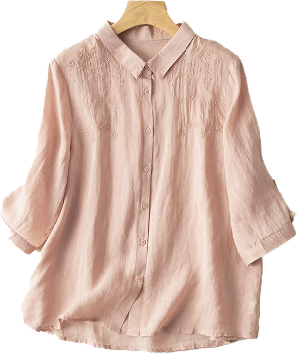 Camisa de lino y algodón con cuello alto y media manga para mujer, informal, con bordado de Buddha Stones