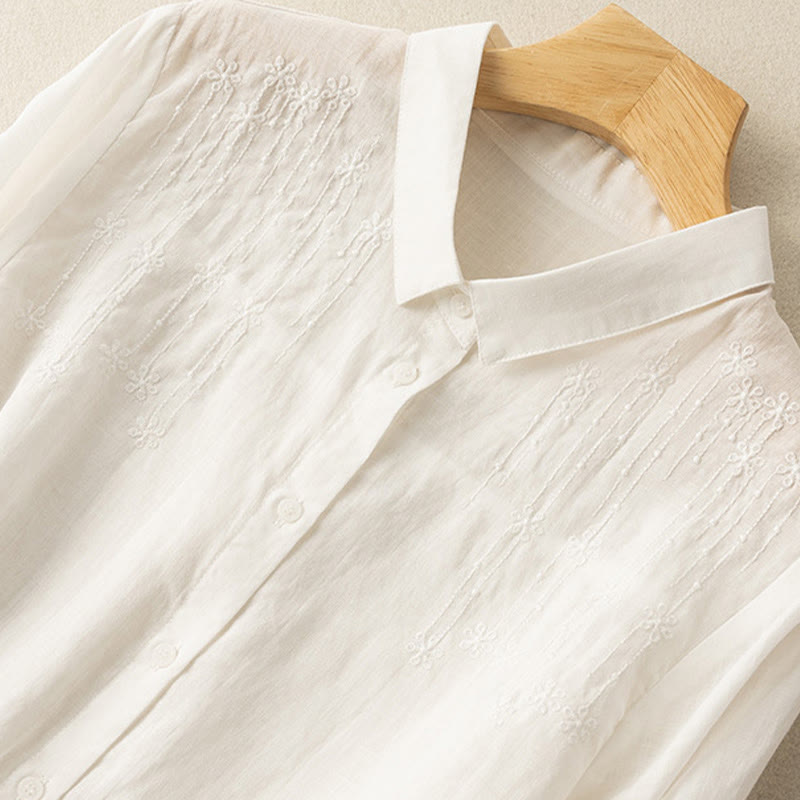 Camisa de lino y algodón con cuello alto y media manga para mujer, informal, con bordado de Buddha Stones