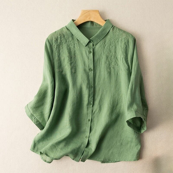 Camisa de lino y algodón con cuello alto y media manga para mujer, informal, con bordado de Buddha Stones