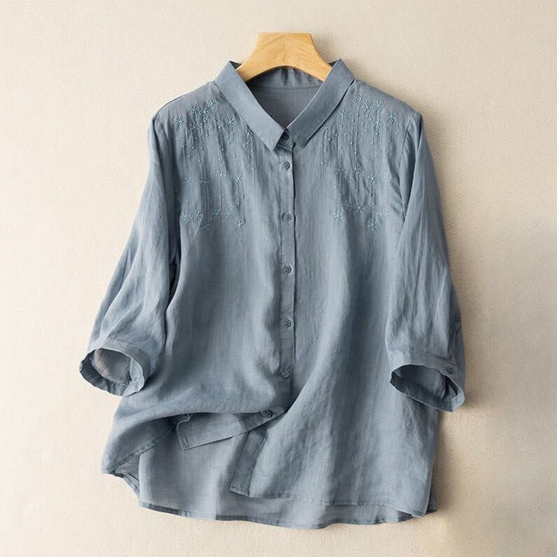 Camisa de lino y algodón con cuello alto y media manga para mujer, informal, con bordado de Buddha Stones