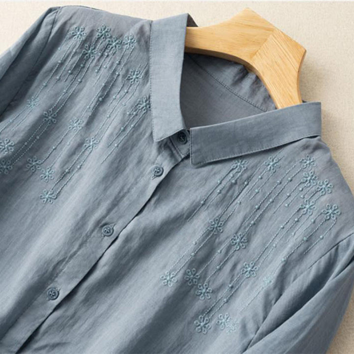 Camisa de lino y algodón con cuello alto y media manga para mujer, informal, con bordado de Buddha Stones
