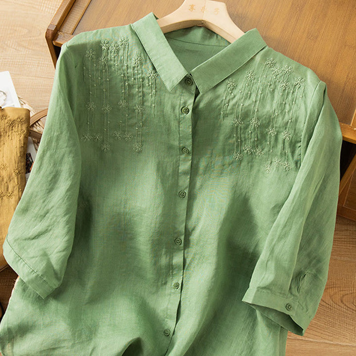 Camisa de lino y algodón con cuello alto y media manga para mujer, informal, con bordado de Buddha Stones
