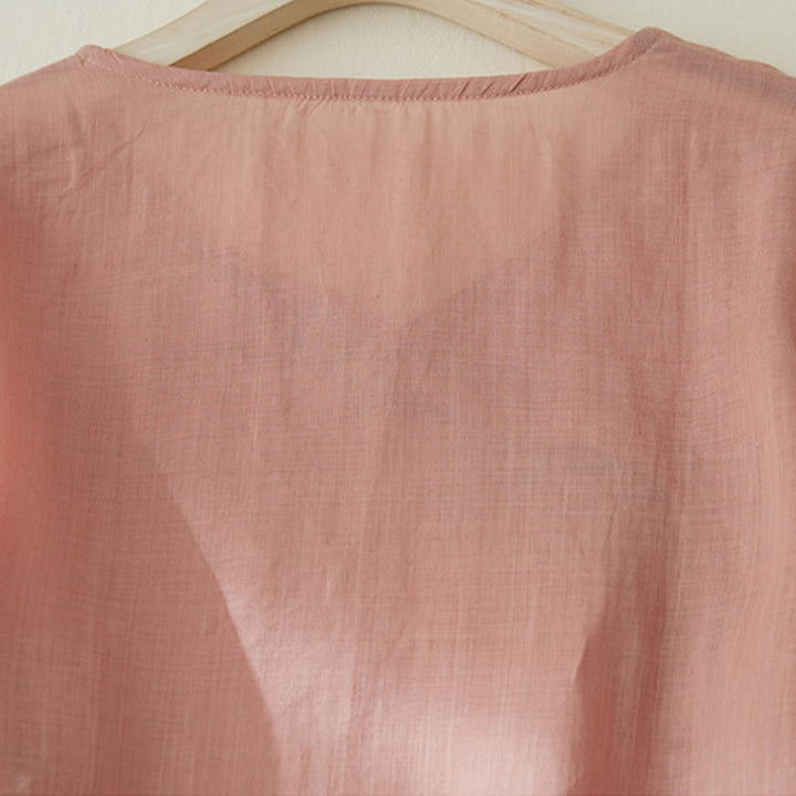 Camisa casual de manga tres cuartos para mujer con bordado de plantas y diseño de Buddha Stones. - image 3