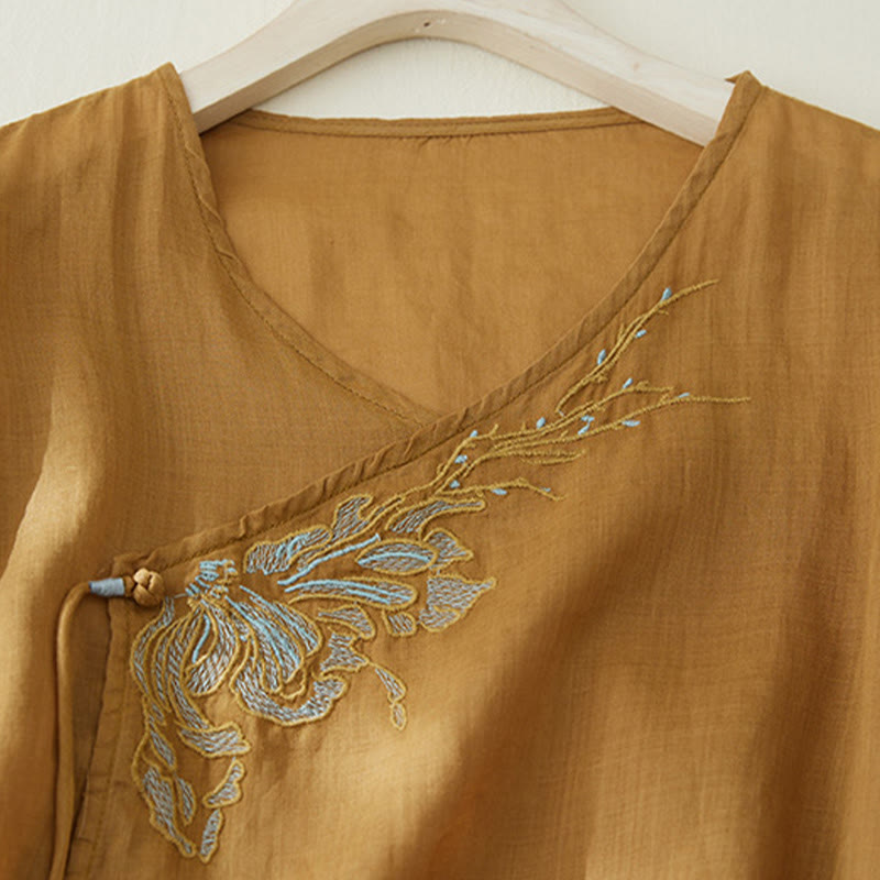 Camisa casual de manga tres cuartos para mujer con bordado de plantas y diseño de Buddha Stones. - image 15