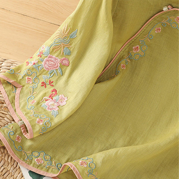 Camisa de lino y algodón con mangas tres cuartos y cuello alto con diseño de flores bordadas para mujer con Buddha Stones - image 14