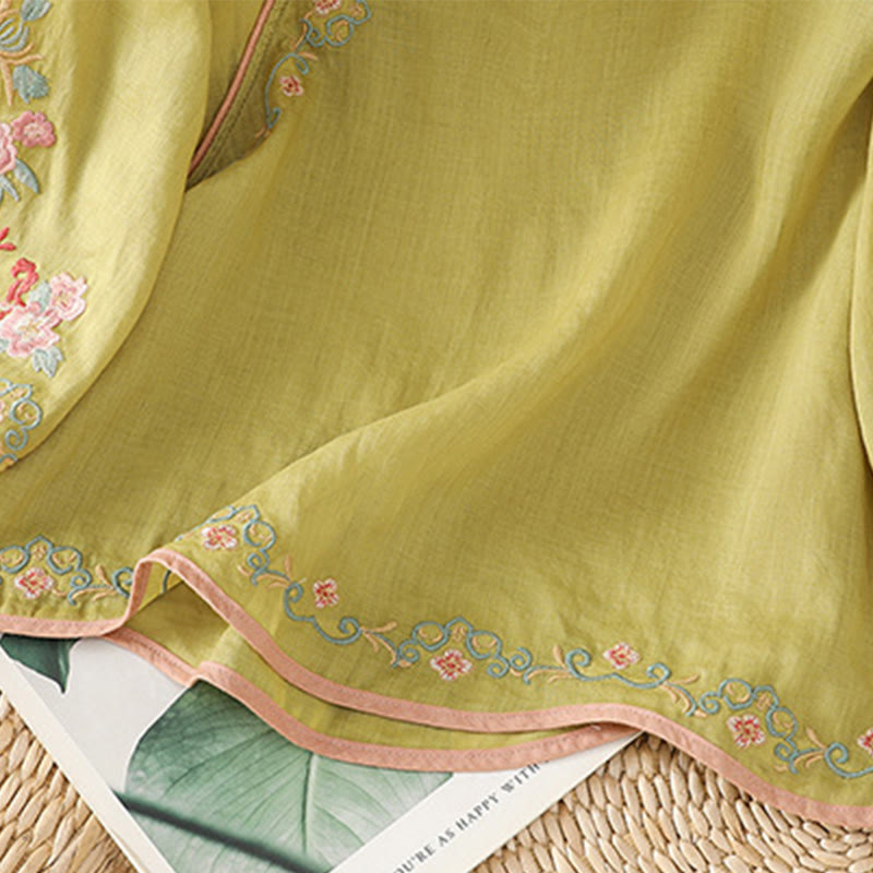Camisa de lino y algodón con mangas tres cuartos y cuello alto con diseño de flores bordadas para mujer con Buddha Stones - image 12